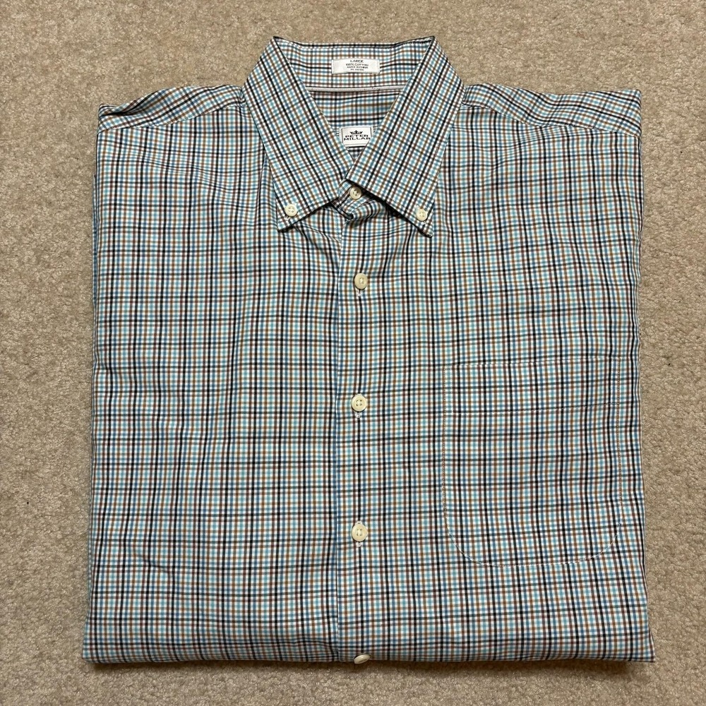 Peter Millar‎ Shirt Mens Large Blue Plaid Cotton Button Up Long Sleeve Casual